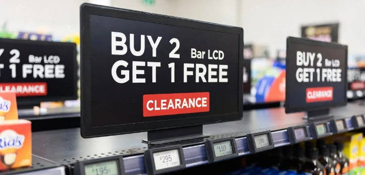 Hybrid retail display deployment using E-Ink ESL for static shelf-edge pricing and dynamic Bar LCD displays for high-conversion promotional endcaps